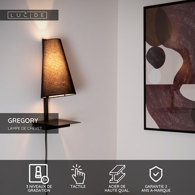 Lucide GREGORY - Lampe de chevet / Applique mural - 1xE27 - Point de rechargement USB - Noir